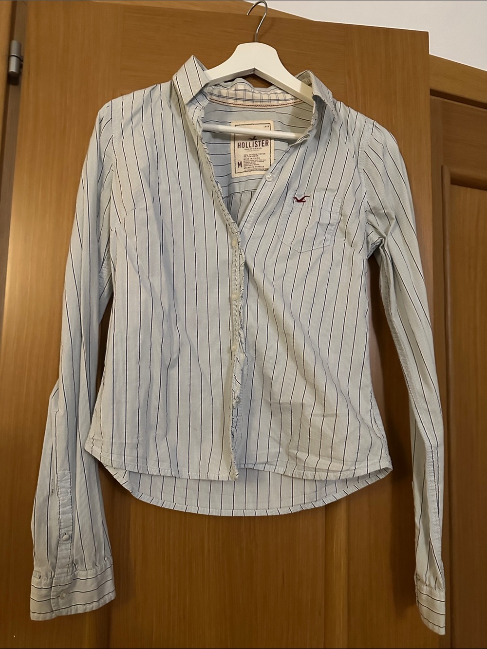Hollister Women’s Light Blue Shirt with Navy Pinstripes